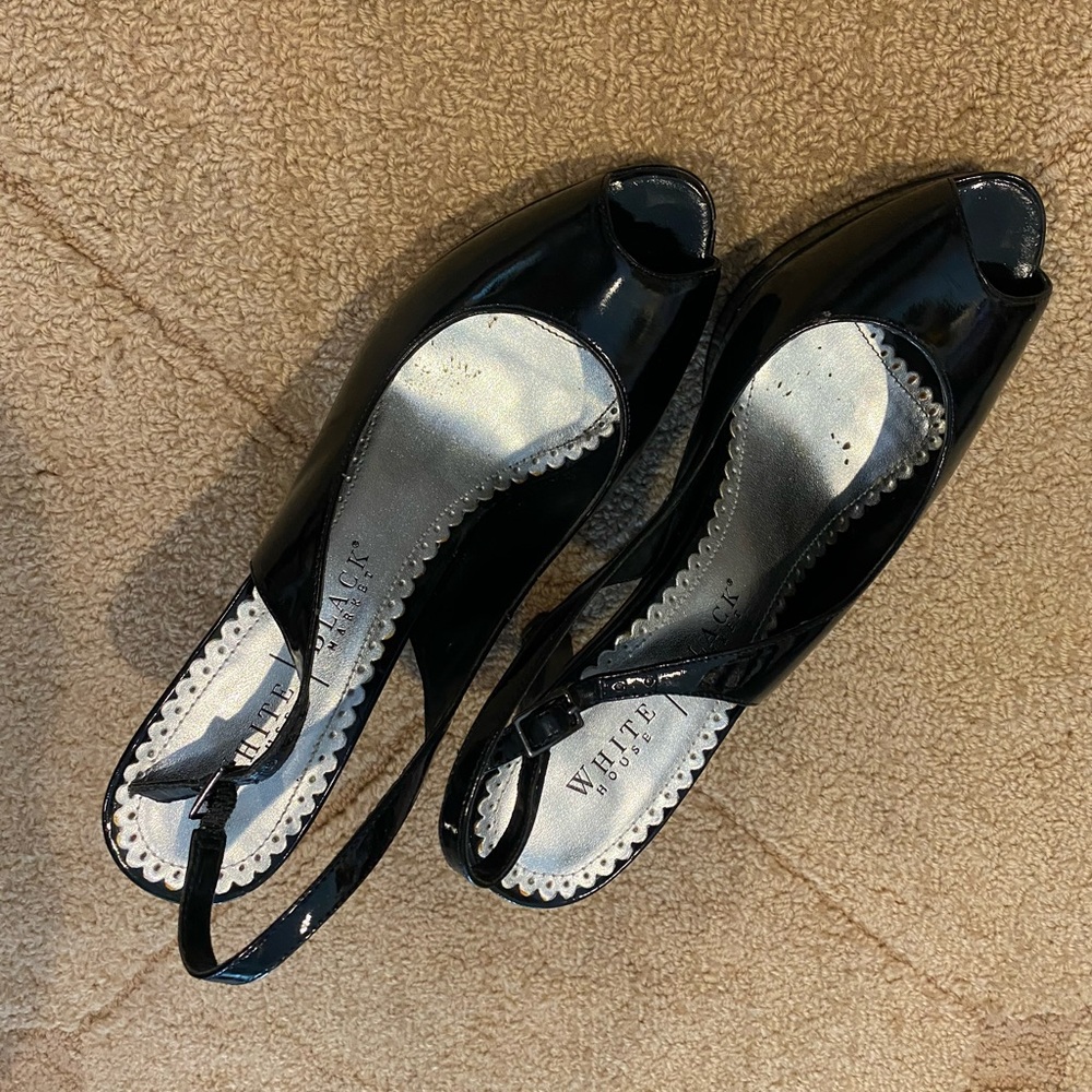 White House Black Market black patent leather black peakaboo toe heels